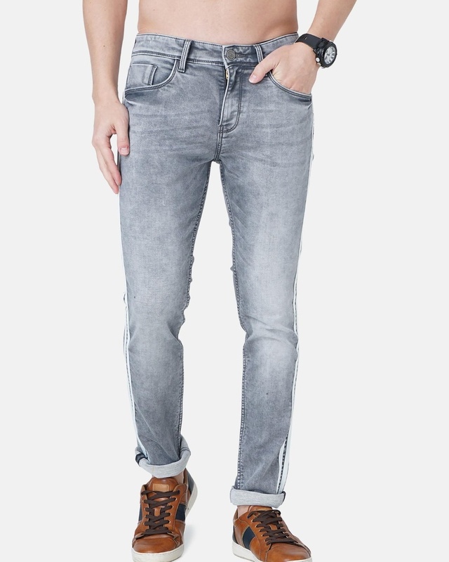 Shop Men's Grey Side Striped Slim Fit Jeans-Front