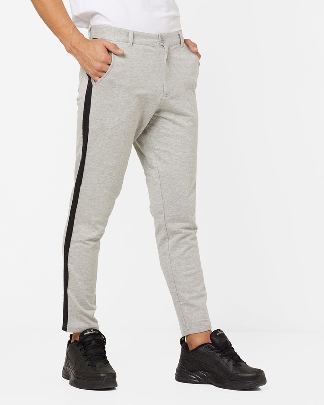 Shop Men's Grey Side Striped Tapered Fit Chinos-Front