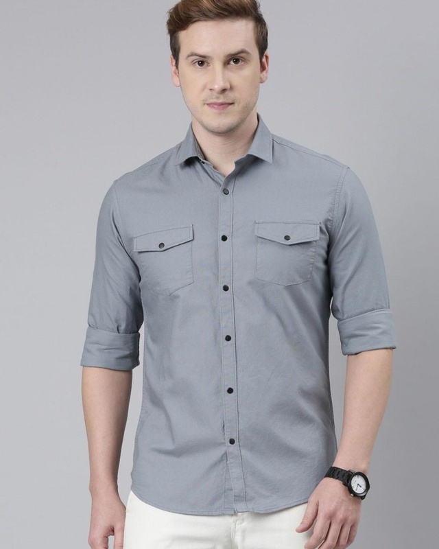 Shop Men's Grey Slim Fit Cargo Shirt-Front