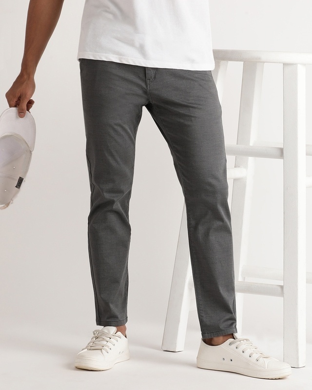 Shop Men's Grey Slim Fit Trousers-Front