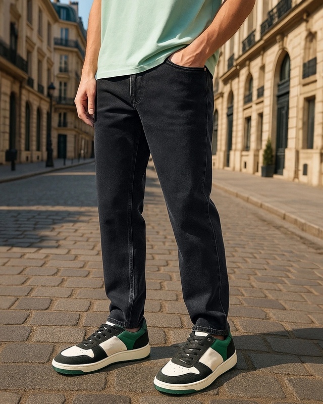Shop Men's Grey Slim Straight Fit Stretchable Mid-Rise Jeans-Front