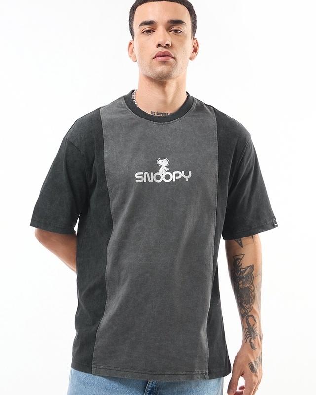 Shop Men's Grey Snoopy Cut & Sew Oversized Acid Wash T-shirt-Front