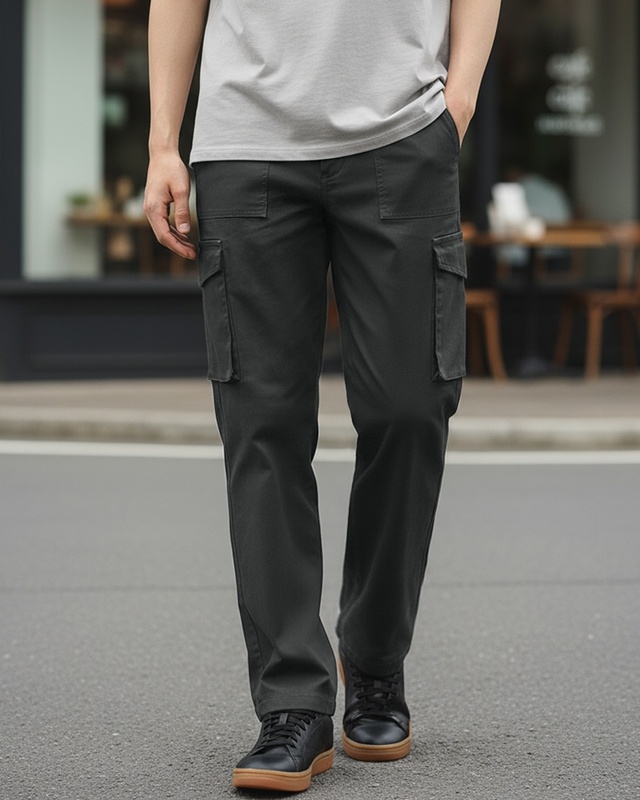 Shop Men's Grey Straight Fit Cargo Pants-Front