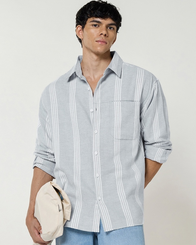 Shop Men's Grey Striped Oversized Shirt-Front