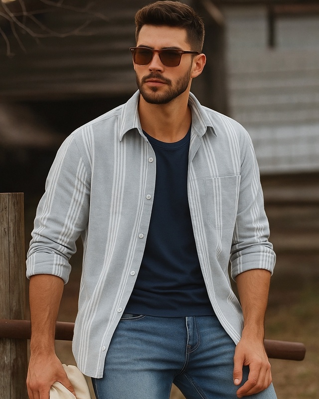 Shop Men's Grey Striped Oversized Shirt-Front