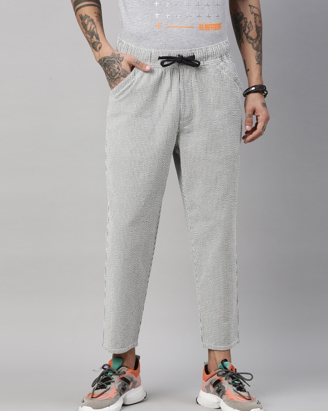 Shop Men's Grey Striped Slim Fit Trousers-Front