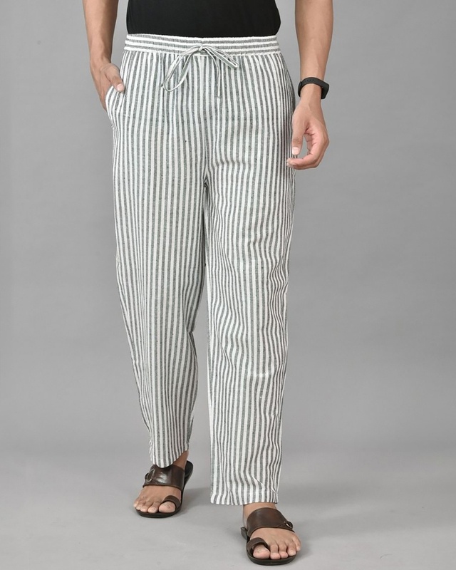 Shop Men's Grey Striped Casual Pants-Front