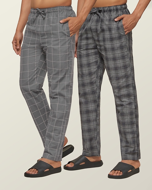 Shop Pack of 2 Men's Grey Super Combed Cotton Checkered Pyjamas-Front