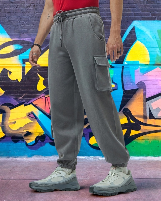 Shop Men's Grey Super Loose Fit Brushed Cargo Joggers-Front