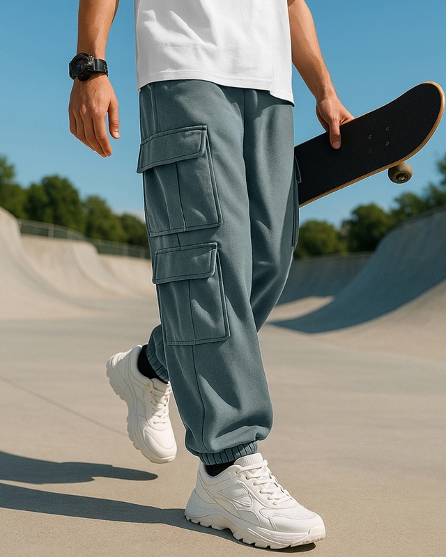 Shop Men's Grey Super Loose Fit Brushed Cargo Joggers-Front