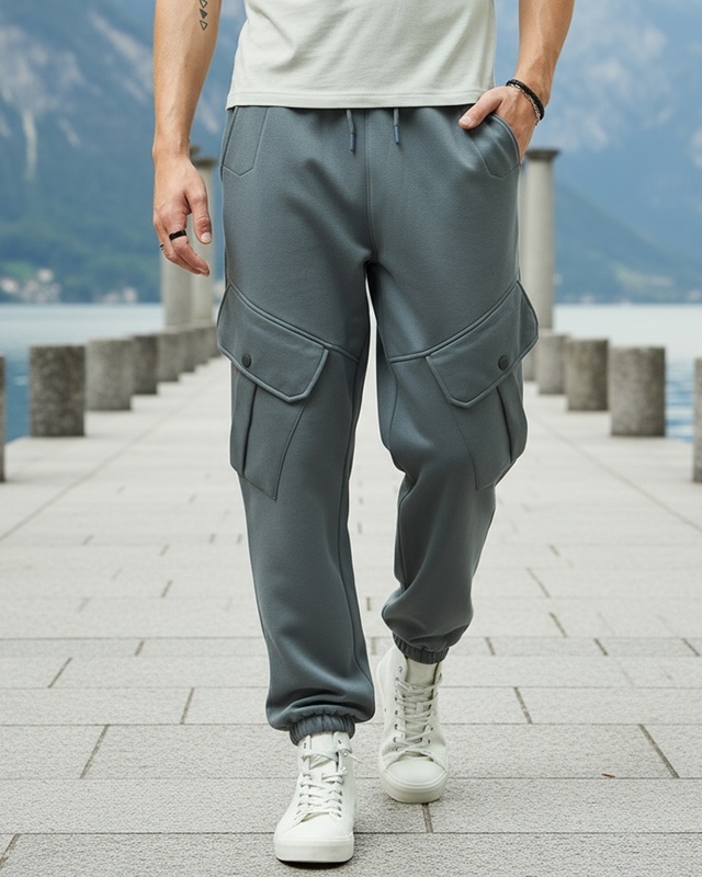Shop Men's Grey Super Loose Fit Brushed Cargo Joggers-Front