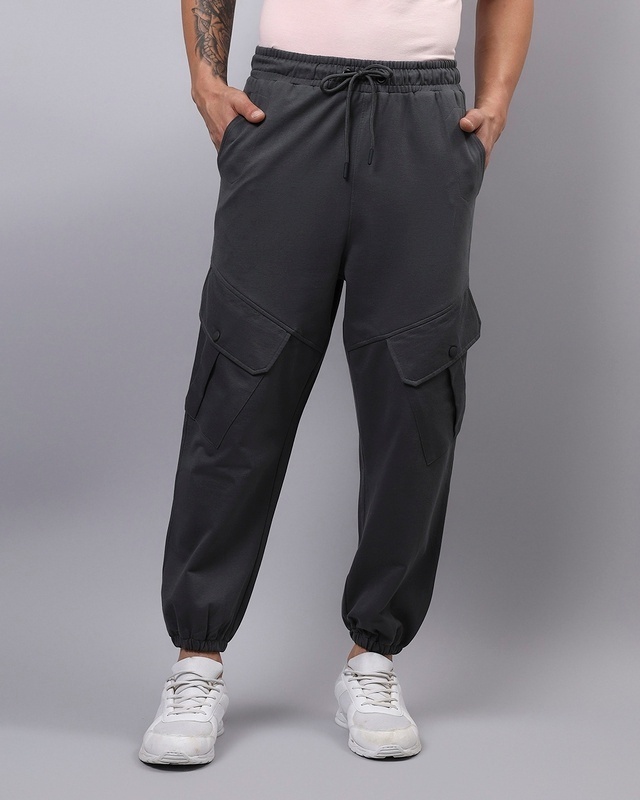 Shop Men's Grey Super Loose Fit Cargo Joggers-Front