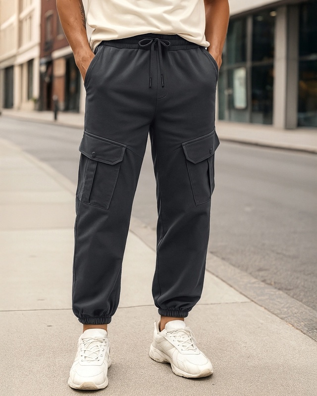 Shop Men's Grey Super Loose Fit Cargo Joggers-Front