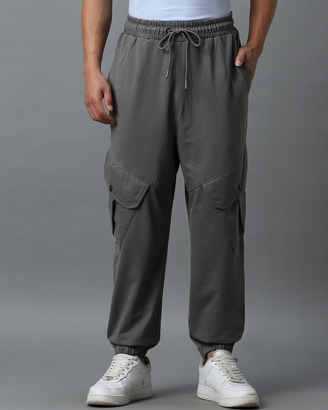 Shop Men's Grey Super Loose Fit Cargo Joggers-Front