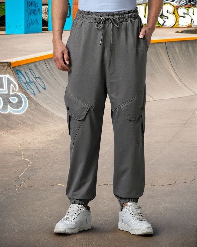 Shop Men's Grey Super Loose Fit Cargo Joggers-Front
