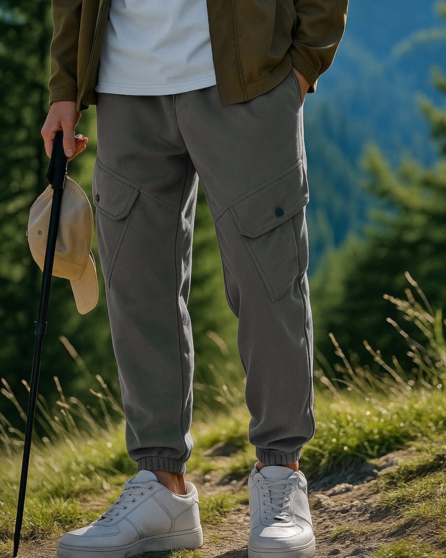 Men's Grey Super Loose Fit Cargo Warm Joggers-Front Bewakoof Shop Men's Grey Super Loose Fit Cargo Warm Joggers-Front