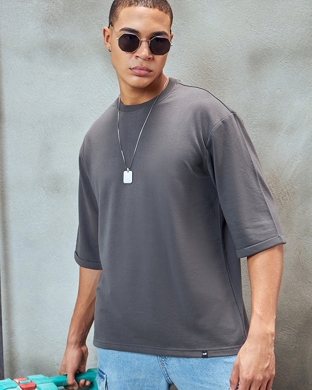 Shop Men's Grey Super Loose Fit T-shirt-Front