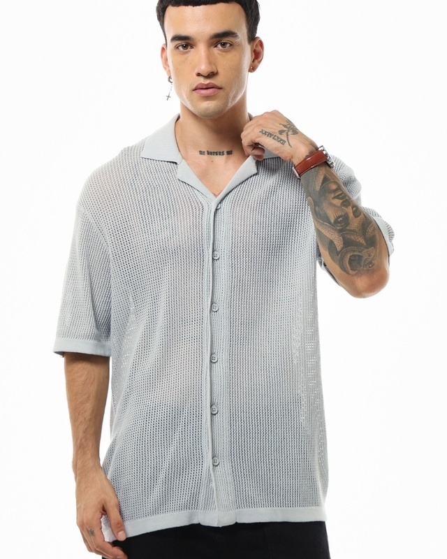 Shop Men's Grey Textured Oversized Shirt-Front