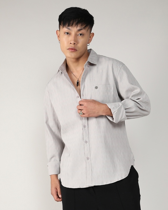 Shop Men's Grey Textured Relaxed Fit Shirt-Front