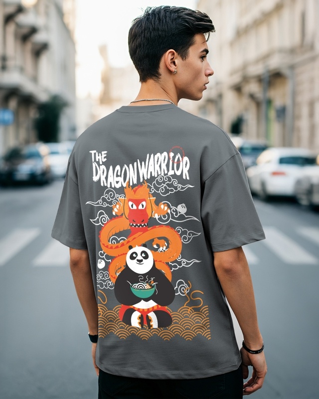 Shop Men's Grey The Dragon Warrior Graphic Printed Oversized T-shirt-Front