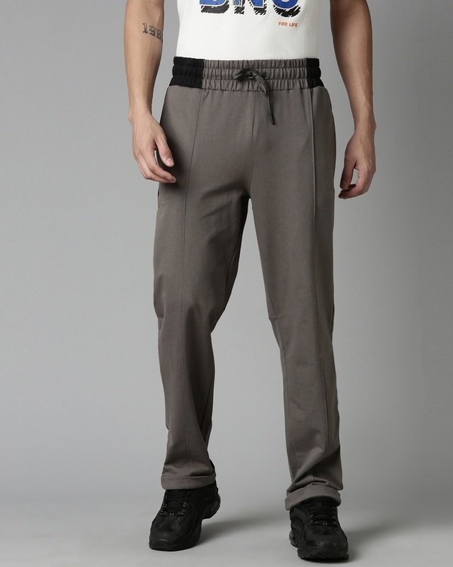 Shop Men's Grey Typography Straight Fit Track Pants-Front