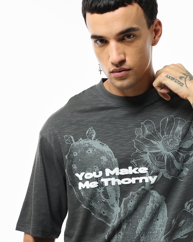 Shop Men's Grey U Make Me Thorny Graphic Printed Oversized T-shirt-Front