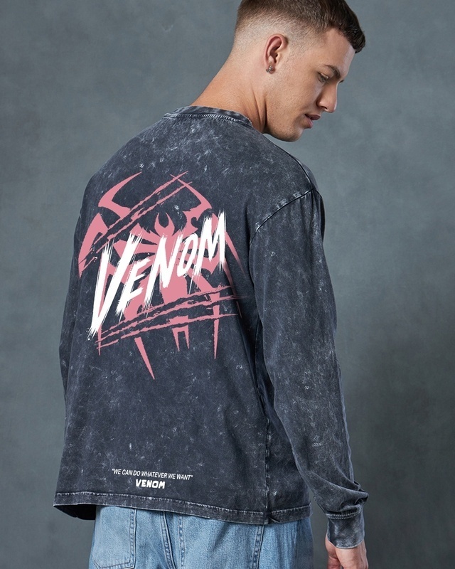 Shop Men's Grey Venom Graphic Printed Oversized Acid Wash T-shirt-Front