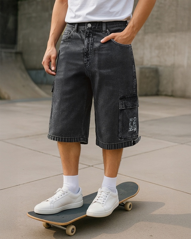 Shop Men's Grey Washed Baggy Fit Cargo Shorts-Front