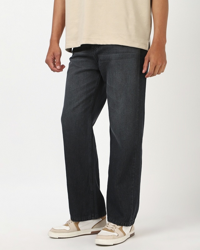 Shop Men's Grey Washed Baggy Fit Mid-Rise Jeans-Front