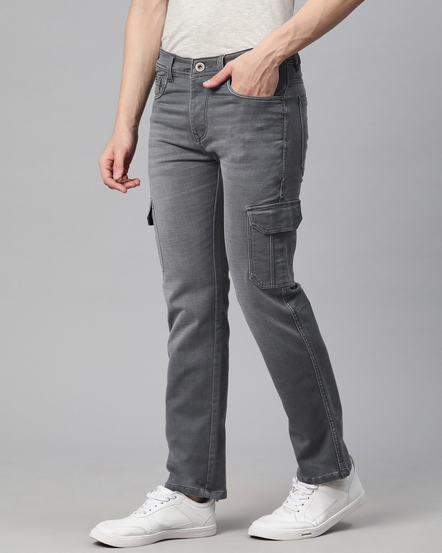 Shop Men's Grey Cargo Jeans-Front