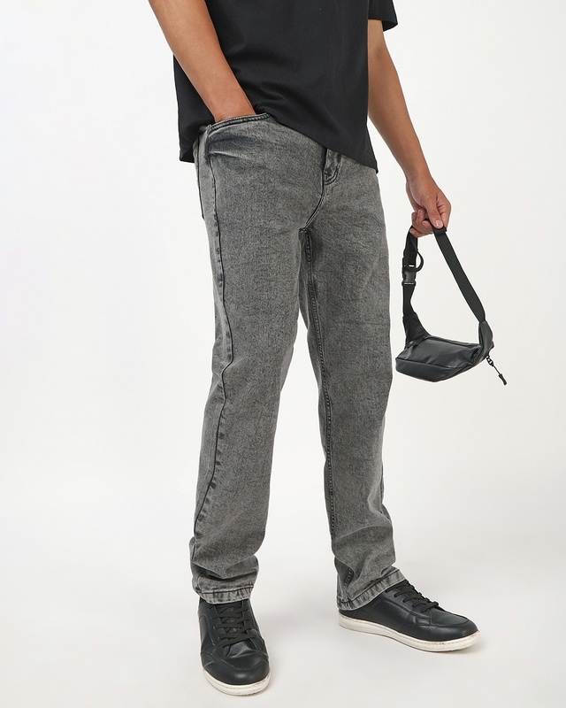 Shop Men's Grey Washed Slim Straight Fit Stretchable Jeans-Front
