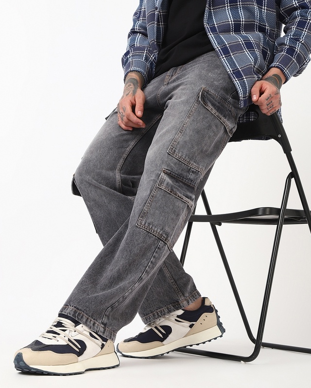 Shop Men's Grey Baggy Washed Cargo Jeans-Front