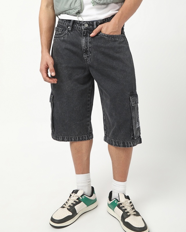 Shop Men's Grey Washed Straight Fit Cargo Shorts-Front