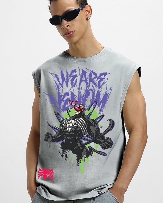 Shop Men's Grey We Are Venom Graphic Printed Oversized Vest-Front