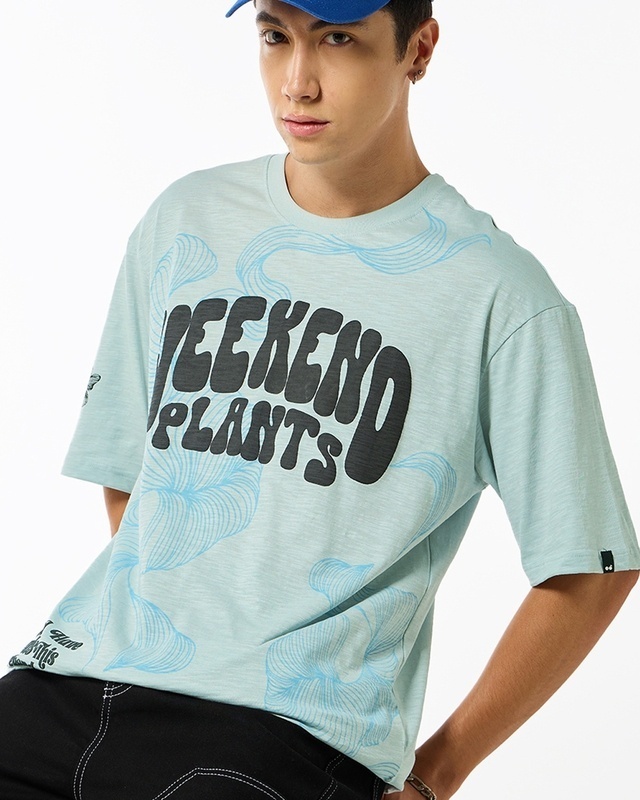 Shop Men's Grey Weekend plants Graphic Printed Oversized T-shirt-Front