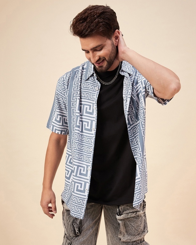 Shop Men's Grey & White All Over Printed Oversized Shirt-Front