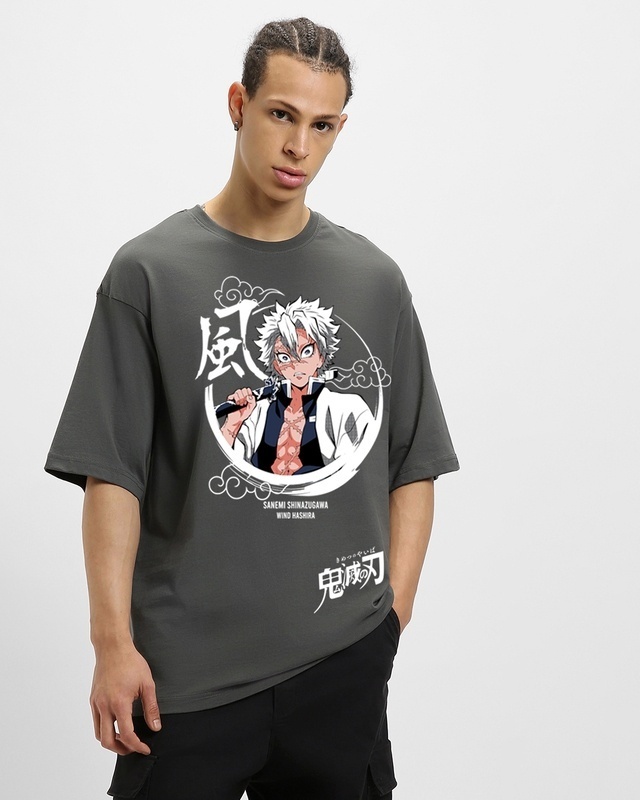 Shop Men's Grey Wind Hashira Graphic Printed Oversized T-shirt-Front