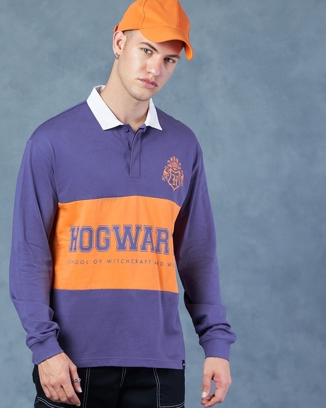 Shop Men's Purple Hogwards Graphic Printed Oversized Polo T-shirt-Front