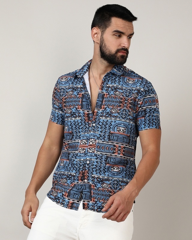 Shop Men's Ice Blue All Over Printed Shirt-Front