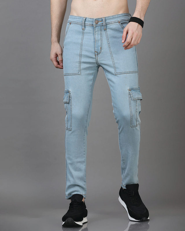Shop Men's Ice Blue Slim Fit Cargo Jeans-Front