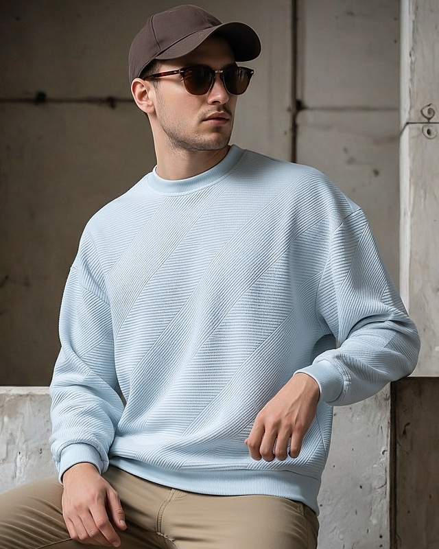 Shop Men's Ice Blue Textured Oversized Sweatshirt-Front