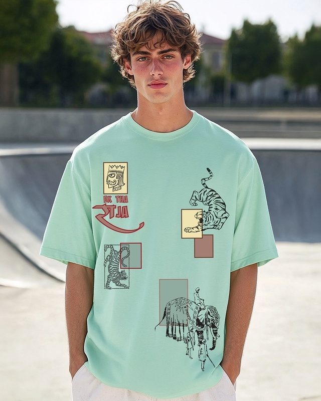 Shop Men's Iceberg Green Nawaab Graphic Printed Oversized T-shirt-Front