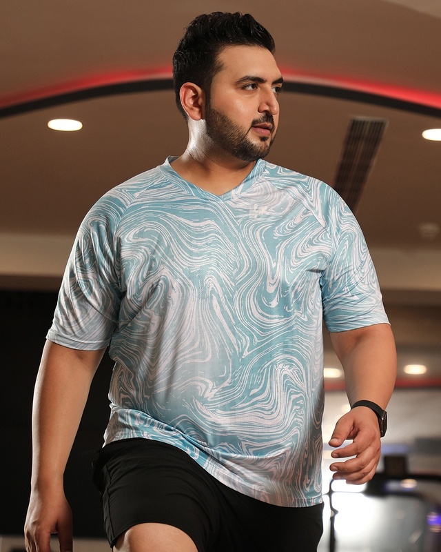 Shop Men's Icy Blue & White Abstract Printed Oversized Plus Size T-shirt-Front