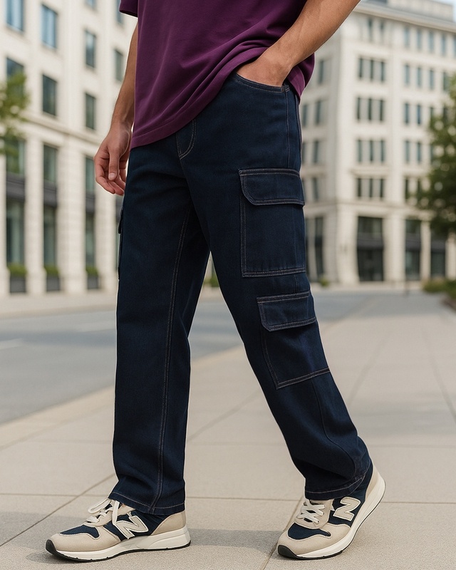 Men's Navy Blue Baggy Fit Washed Cargo Mid-Rise Jeans