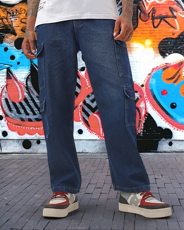 Shop Men's Mid Blue Baggy Fit Washed Cargo Mid-Rise Jeans-Front