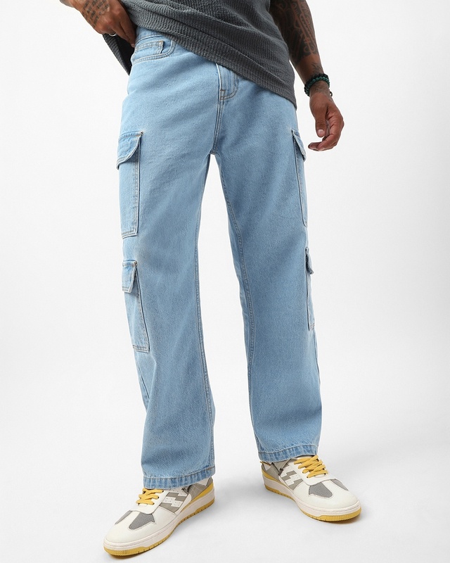Shop Men's Light Blue Baggy Fit Washed Cargo Mid-Rise Jeans-Front