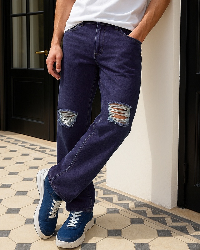 Shop Men's Indigo Blue Washed Baggy Fit Distressed Mid-Rise Jeans-Front