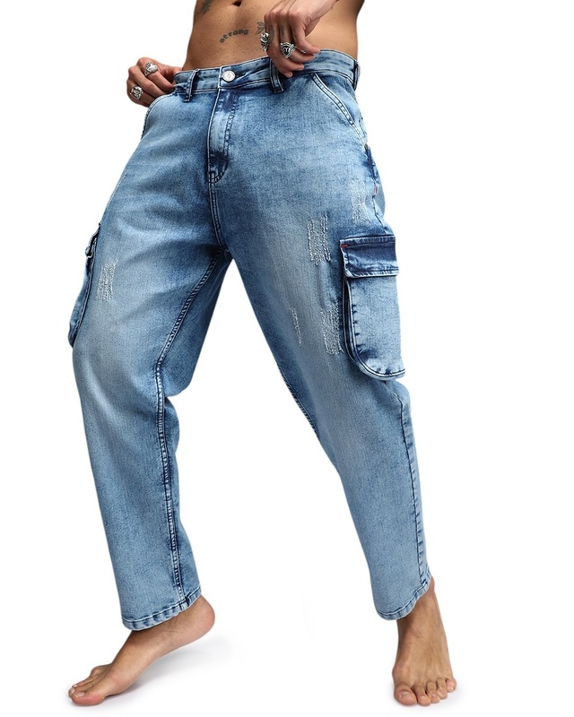 Shop Men's Indigo Blue Washed Distressed Straight Fit Cargo Jeans-Front