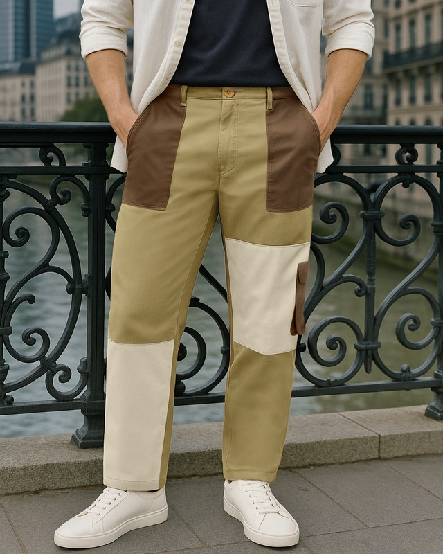 Shop Men's Irish Cream Color Block Straight Fit Cargo Pants-Front
