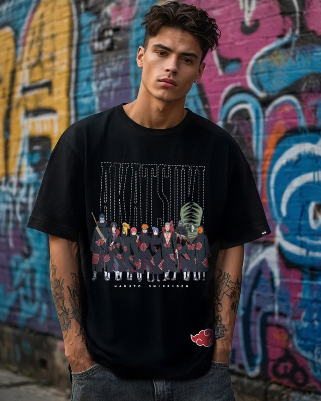 Shop Men's Jet Black Akatsuki Member Graphic Printed Oversized T-shirt-Front